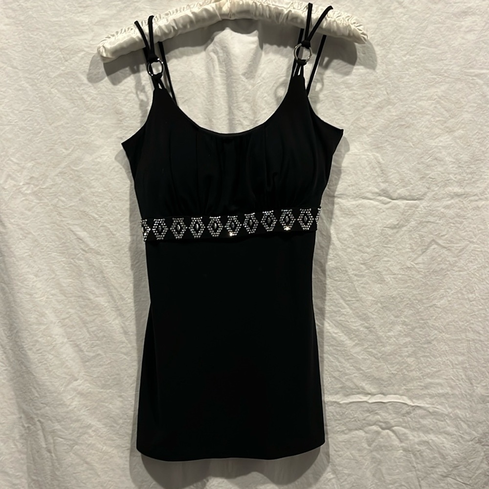 Sexy double spaghetti straps w silver ring detail bedazzled empire waist XS